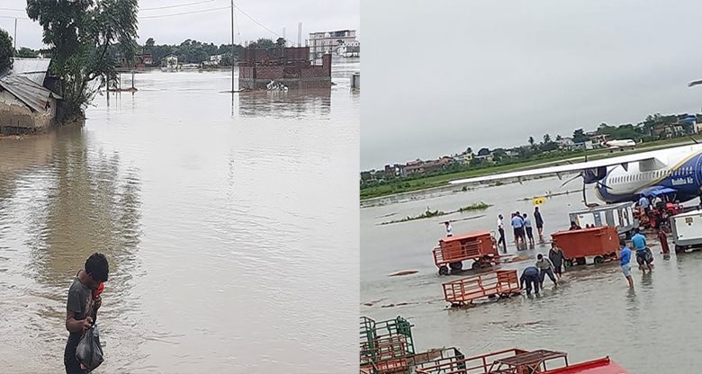 भारी वर्षाले विराटनगरका १९ वडा जलमग्न, विमानस्थलमा खोला पस्दा उडान रद्द