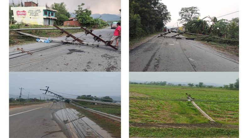 उदयपुरमा हावाहुरी र वर्षाका कारण विद्युत अवरुद्ध, ३० वटा भन्दा बढी पोलमा क्षती
